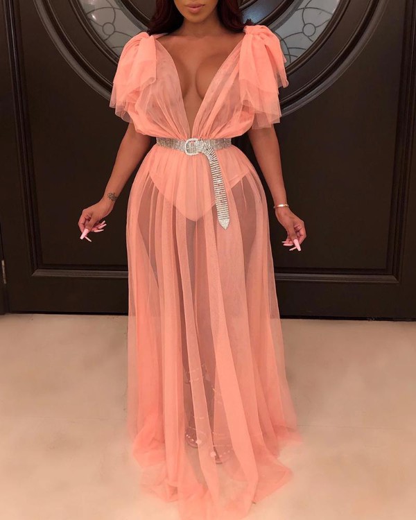 Deep V-Neck See-Through Dress