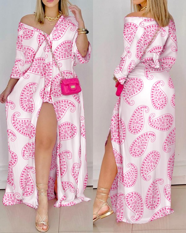 Vestido de camisa com fenda alta com estampa paisley