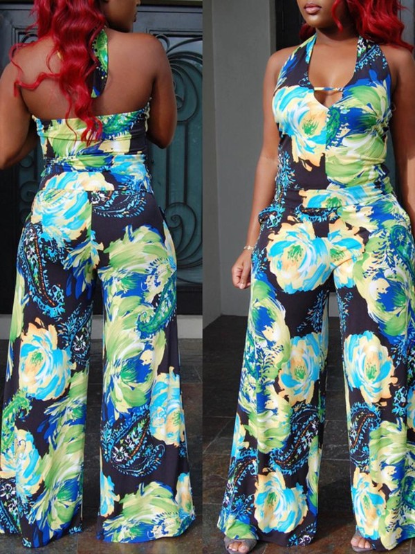 Sexede kvinder Halter Sling Floral Printing Deep V Høj kvalitet Casual Playsuit Romper Jumpsuit Lange bukser