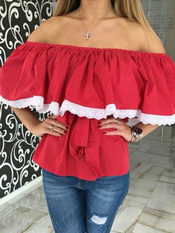 Dammodell Dot Floral Off Shoulder Slash Neck Sexig T-shirt Crop Tops Casual Blus T-shirt