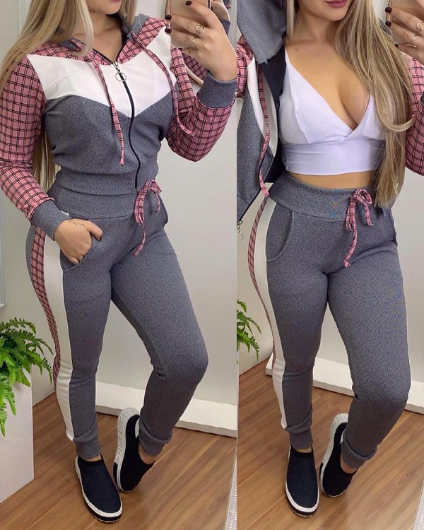 Plaid Print Colorblock hættetrøje og snørebuksesæt