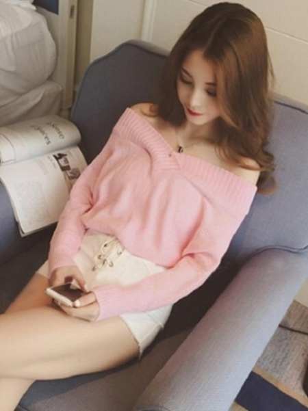 Hot Sale Vor / Haust Nýjar konur V-háls af öxl kynþokkafullur tíska prjónaður peysa Batwing ermi bolir Pullover yfirhafnir laus þunnt outwear