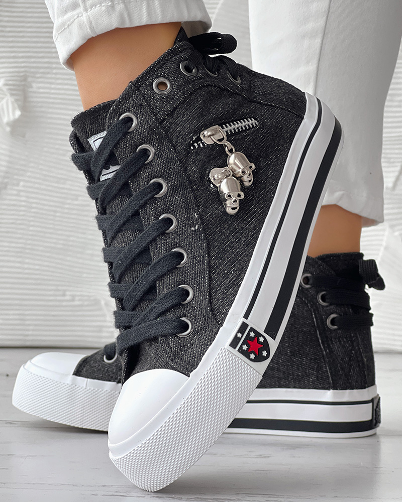 Skull Pattern Zipper Design Lace-up Denim Casual Sneakers