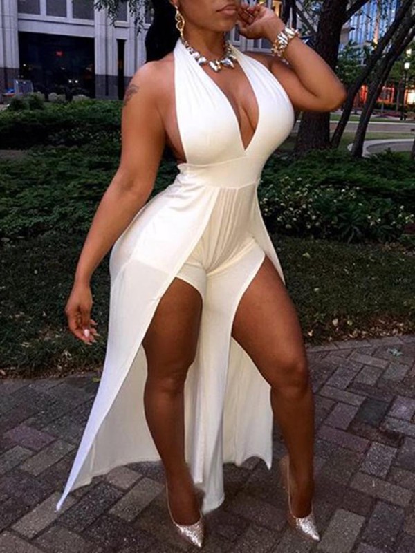 Frauen Clubwear Sexy V-Ausschnitt Volltonfarbe Jumpsuit Split-Kleid Seite Split Jumpsuit beiläufige lose Hosen