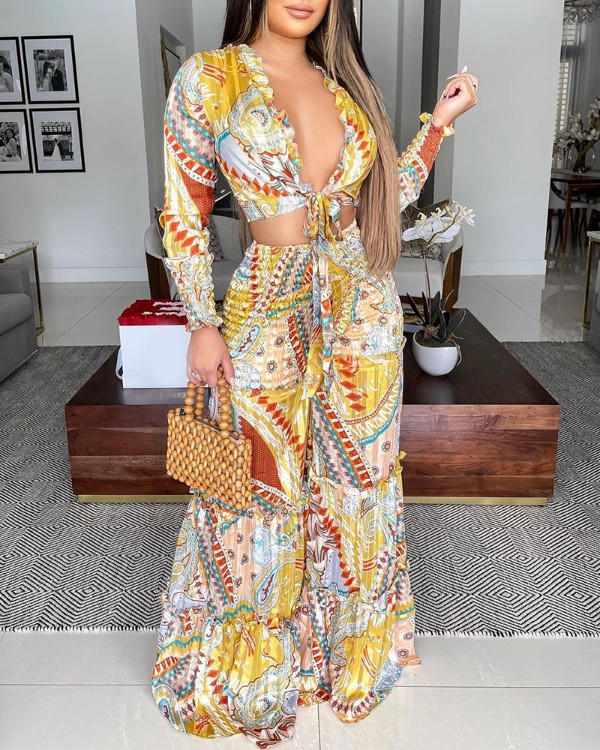 Scarf Print Frill Hem Crop Top & Wide Leg Pants Set