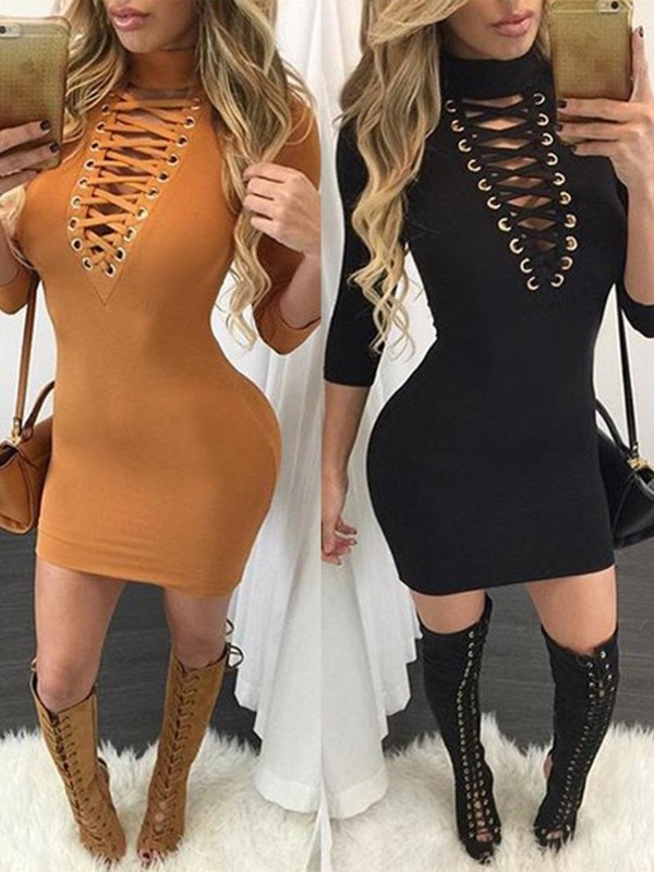 Sexet kvinders dyb v-hals Bodycon kjole Høj talje Langærmet hule bandage kjole