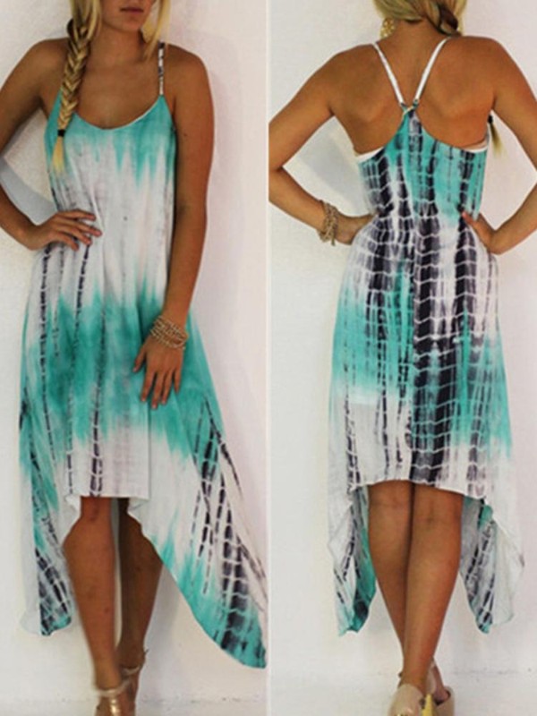 Plus Size Sumar Sling Maxi Chiff Dress Boho Style Prenta Óreglulegur Langur Kjóll Ermalaus Beachwear Kjóll