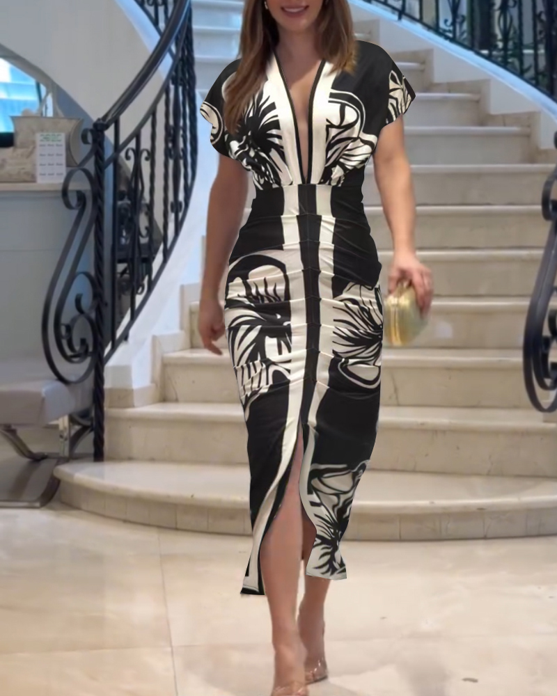 Floral Print V Neck Short Sleeve Ruched Dress Casual Waist Slit Maxi Dress