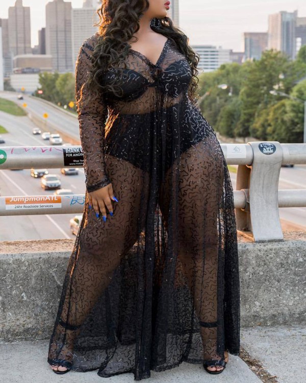 Plus Size Sheer Mesh Maxi Dress Online 