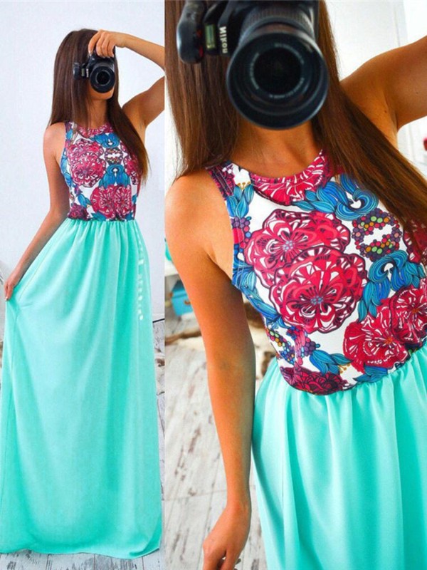 Mode d&#39;été en mousseline de soie longue robe maxi sans manches style bohème imprimé floral robe de plage