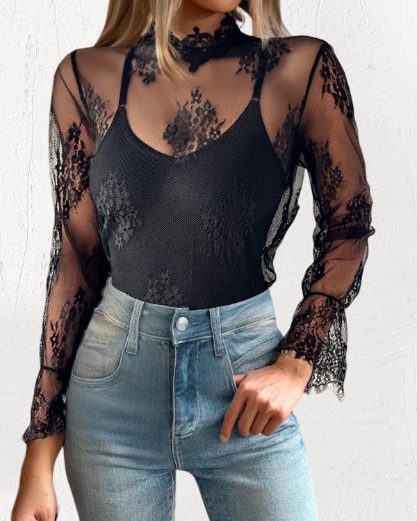 Lace Mock Neck Long Sleeve T-Shirt Sexy See Through Sheer Mesh Bell Sleeve Top