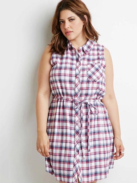 Kvinders ærmeløs slank rød Skotland Tartan revers Plaid Long Shirt Dress Plus Size