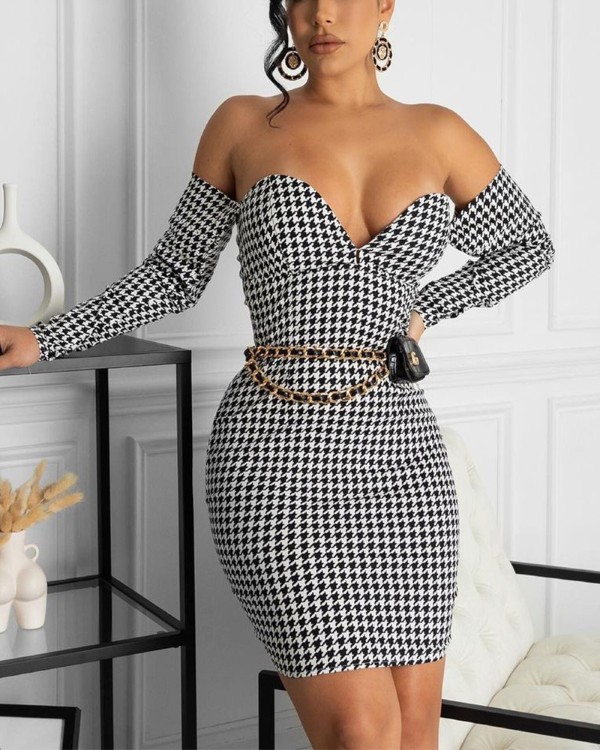 Houndstooth Off Shoulder Bodycon kjóll