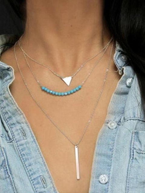 Nouveau Multicouche Triangle Turquoise Perlé Tige En Métal Chaîne Pendentif Collier Bijoux Accessoires