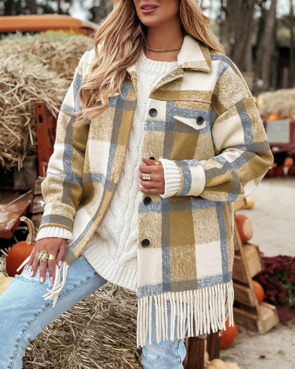 Plaid Print Turn-down Collar Button Front Fringe Hem Coat Casual Flap Detail Coat