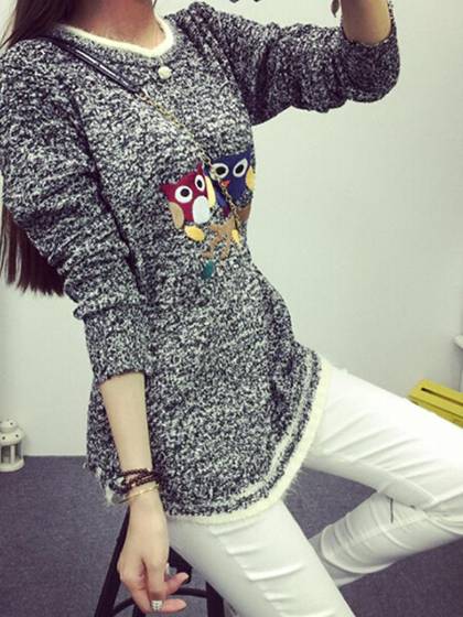 Moda Otoño Mujeres Búho Imprimir Suéter de Punto Rebeca Simple Casual O-cuello Suéter Suelto Suéter