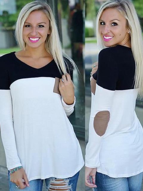 Crew Neck Langerma Basic Splice Litur Svartur Hvítur stuttermabolur Skreytt Patch bolir Sweatshirts Pullover Outwear Top