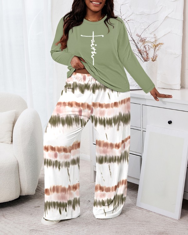 Plus Size 2 Piece Faith Tie Dye Print Crewneck Top High Waist Pants Pajamas Set