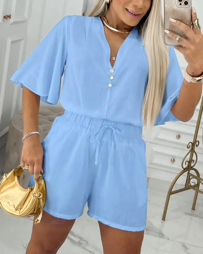 2 Pieces Outfit Button Decor V Neck Bell Sleeve Top and Casual Drawstring Elastic Waist Shorts Set