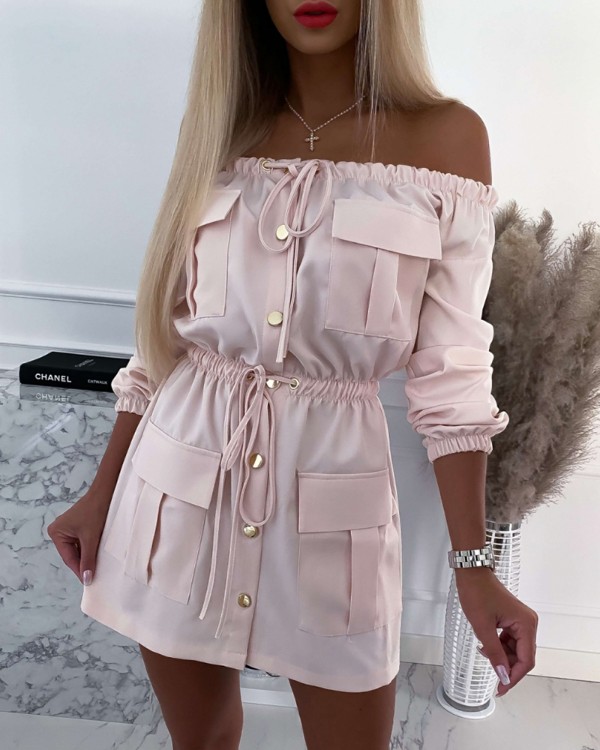 Off Shoulder Kordelzug Taschendekor Freizeitkleid
