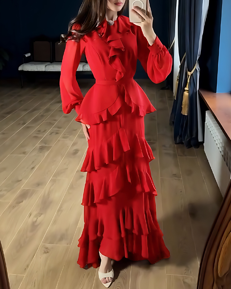 French Style Rhinestone Button Decor Ruffles Round Neck Lantern Sleeve Maxi Dress Zipper Back Layered Ruffle Hem Chiffon Evening Dress with Belt