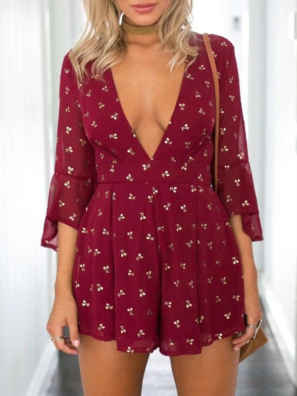 Verão Sexy Profundo Decote Em V Imprimir Chiffon Macacão Com Cordão Da Cintura Flare Manga Calças Curtas Casual Romper