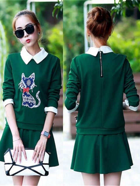 Women's Fashion Casual Suit Sets 2 Pieces Long Sleeve Turndown Lapel Cat Pattern Blouse Sweater + Short Skirt