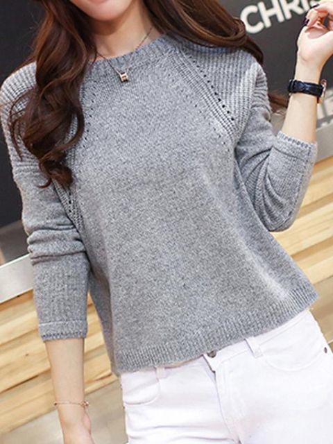 2015 Ný kóreska Chemise Round Collar Side Slit Pure Color Pierced Knitwear Peysa Long Ermar Pullover