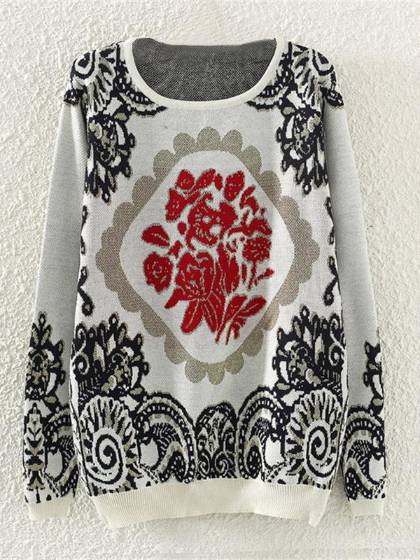 Automne mode nouvelles femmes lâche grande taille fleur impression pull à tricoter à manches longues