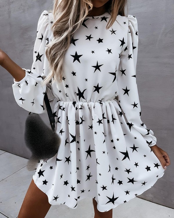 Star Print Puff Sleeve Ruched Casual Kjole