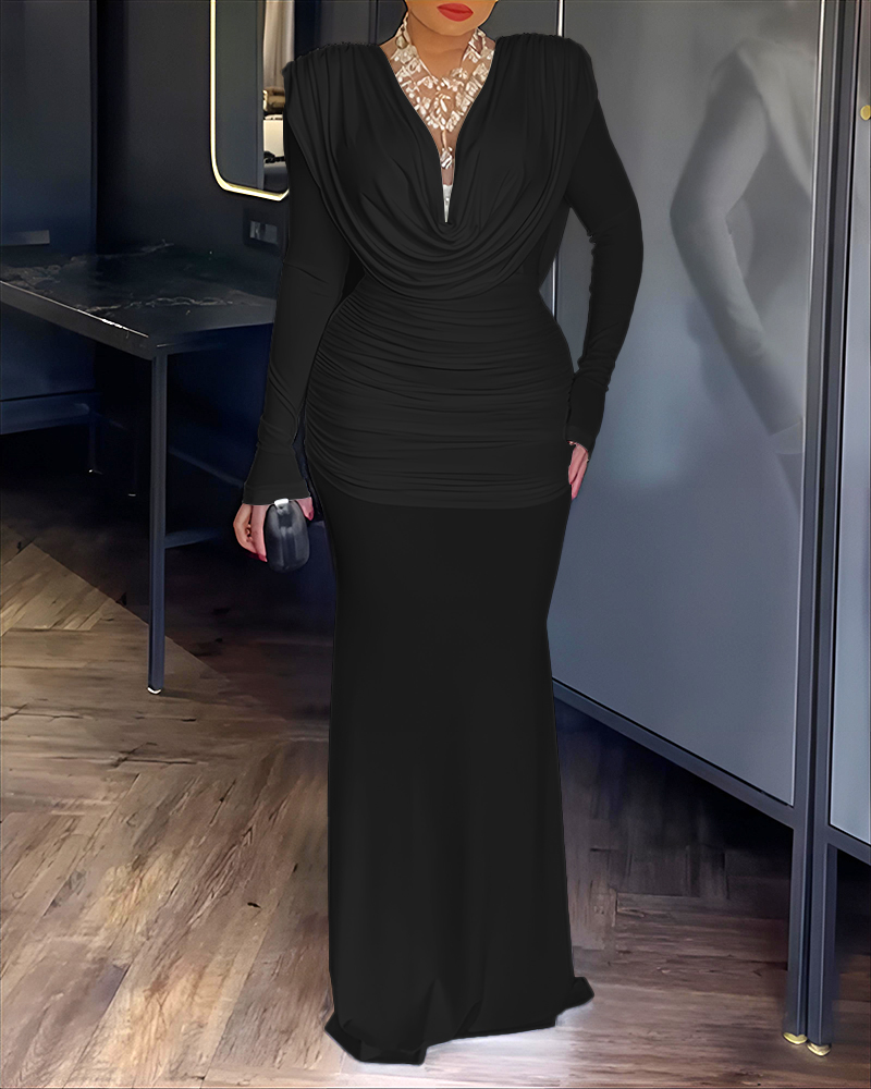 Cowl Neck Ruched Cinched Waist Slim Fit Maxi Dress Casual Padded Shoulders Backless Evening Dress