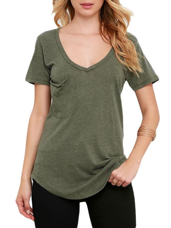 Plusstorlekar Solid, djup v-ringad ficka-T-shirt Kortärmad lös, avslappnad topp-T-shirt