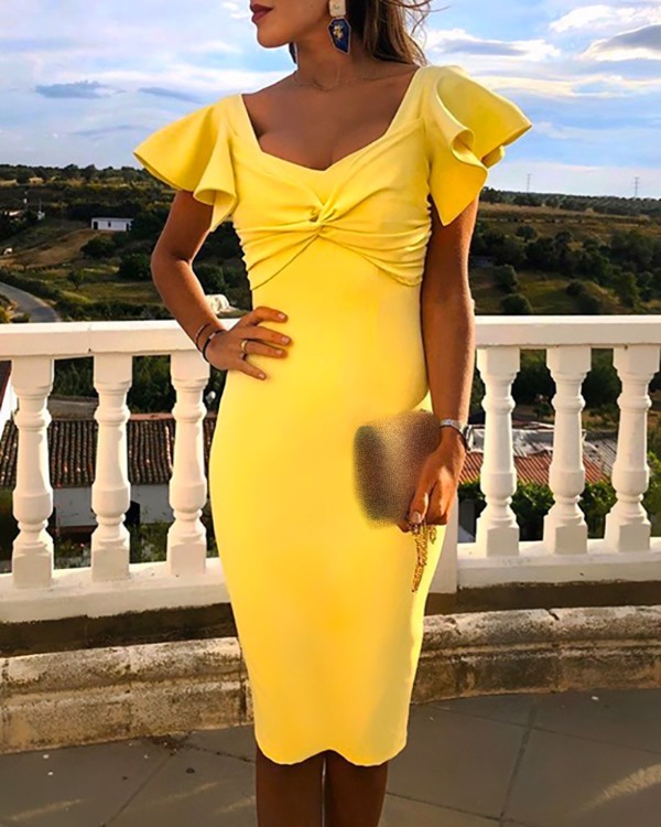 Twisted Front Ruffles Slit Party kjóll