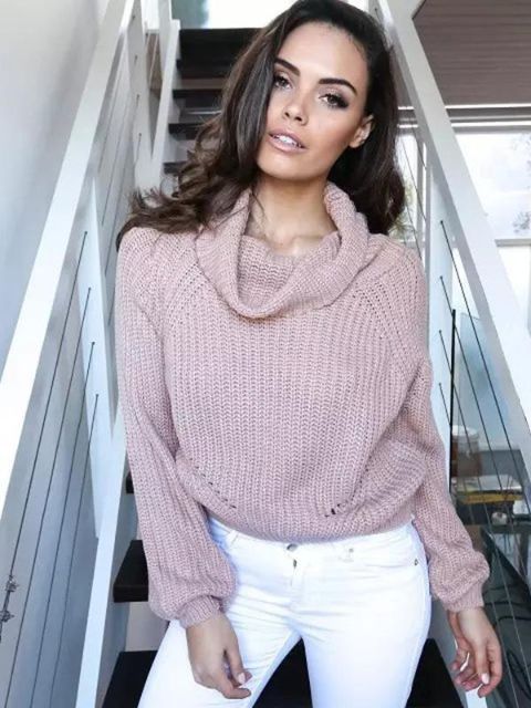 2015 Efterår Vinter Kvinder Højhalsede Cropped Sweaters Casual striktrøjer (Pink
M)