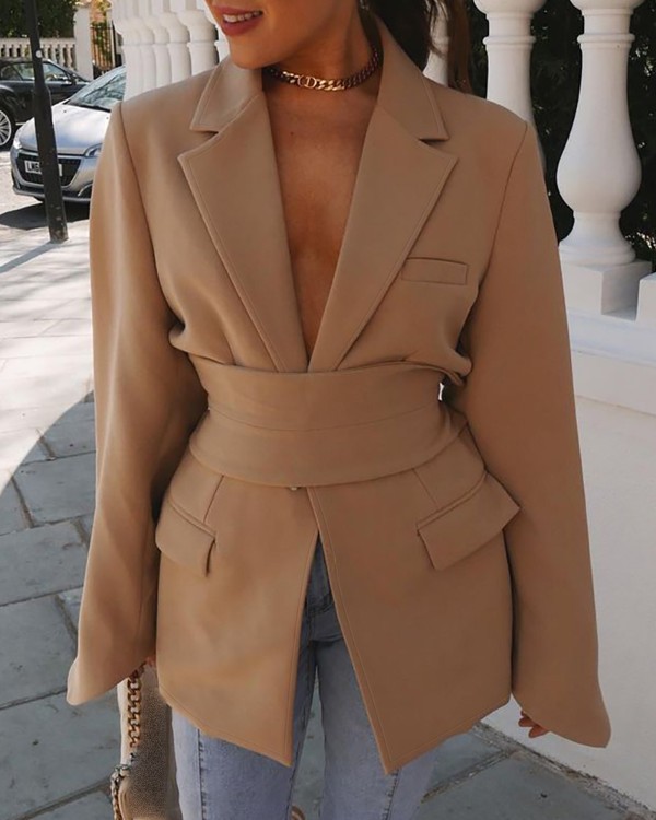Long Sleeve Pocket Decor Blazer Coat With Belt
