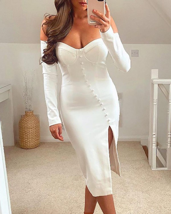 Off Shoulder Button Decor High Slit Dress
