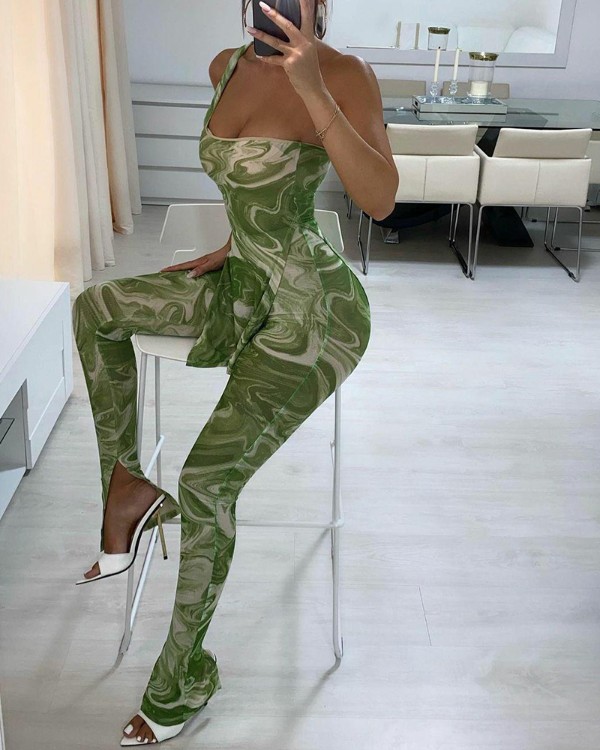 Abstrakt tryck One Shoulder Split Hem Top & Skinny Pants Set