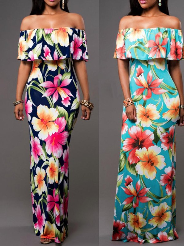 Plus la taille d&#39;été Slash cou feuille de lotus Maxi robe en mousseline de soie Style floral imprimé robe longue sans manches robe de plage