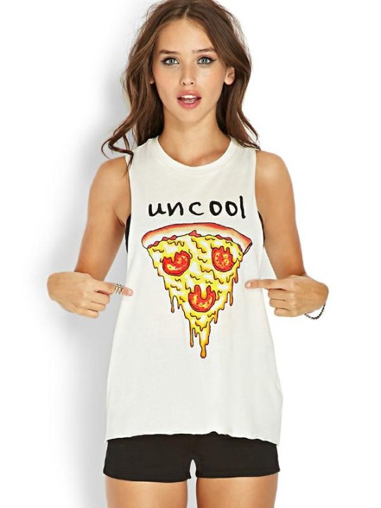 Kvindemode Hvid Digital Cute Pizza Print Ærmeløs Vest Vrop Top Shirt