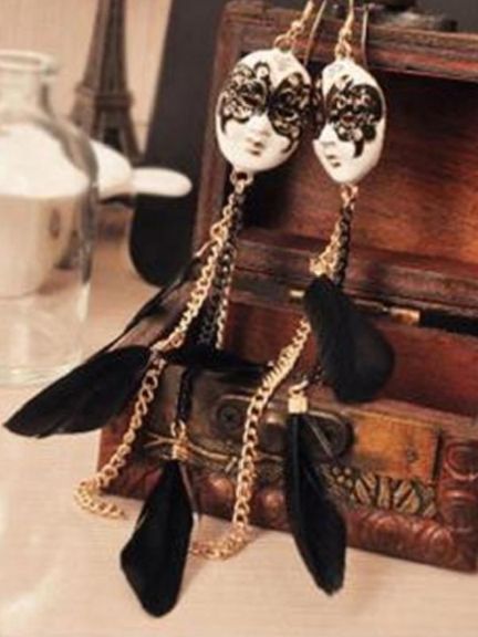 Vintage Baroque Chain Feather Tassel Mask Ball Improper Face Extra Long Earrings for Women