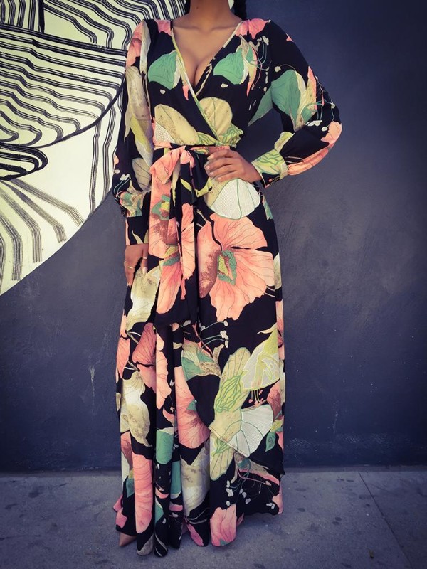 Mode Sommarblommatryck Dam Långärmad Chiffong Maxiklänning Casual Grimma Lång Klänning