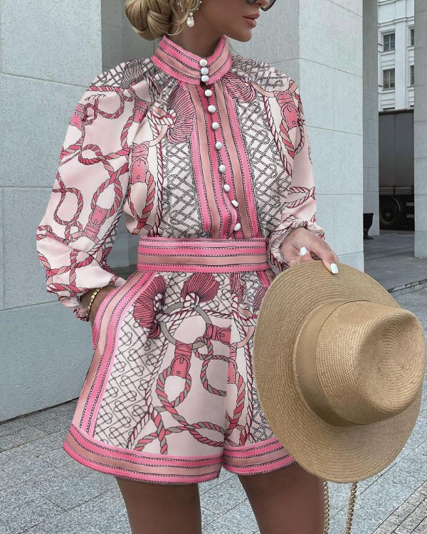 Chain Print Button Front Long Sleeve Top & Shorts Set