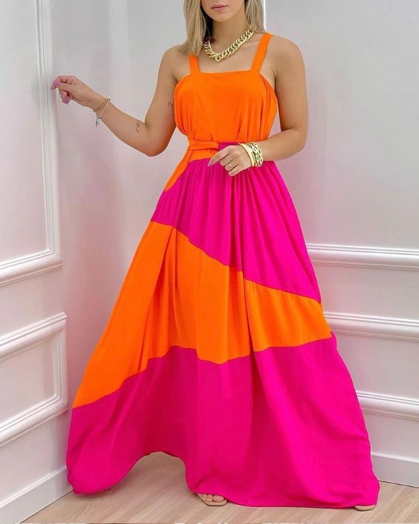 Colorblock Sleeveless Belted Maxi Dress