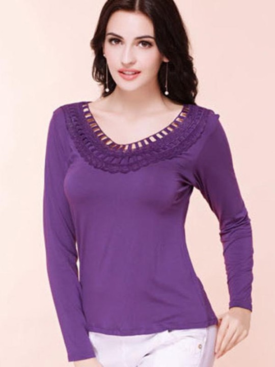 Haust tíska blóma blúndur útsaumur heklað teig bolur efst blússa (ókeypis stærð)