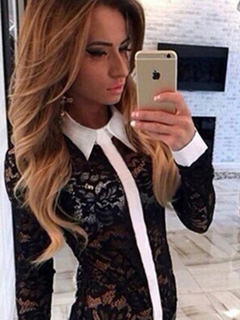 2015 höst vinter svart sexig spets sömnad dam dam skjorta ihålig blus svart / röd SML XL dam kofta