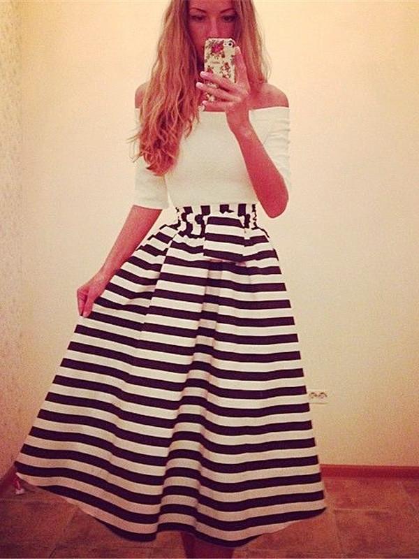 Women's Sexy Line Neck High Waist Casual Sweart Strip Skirt Dress