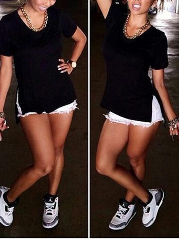 Sexy runder Hals Casual Schwarz Split Mni Kleid