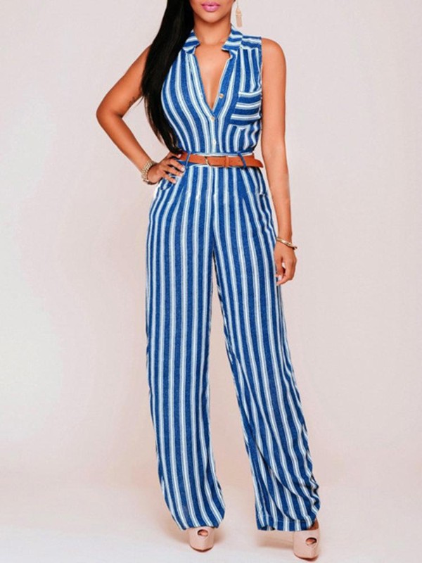Sexy Frauen Tiefem V-Ausschnitt Sleeveless Bodysuit Lässig Streifen Printed Playsuit Jumpsuit