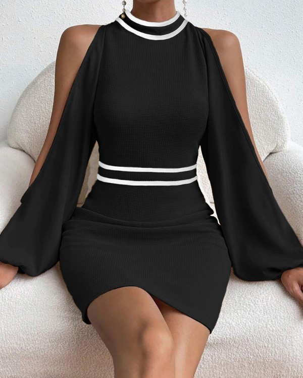 Short Sleeve High Neck Tailored Mini Bodycon Dress In Navy Blue Woven | EGO US | EGO
