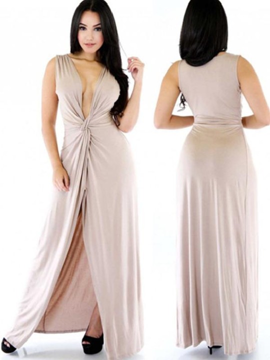 Ný tíska Heitt útsala Konur Ný djúpur V-háls ermalaus kynþokkafullur langur kjóll Kvöldpartýkjóll